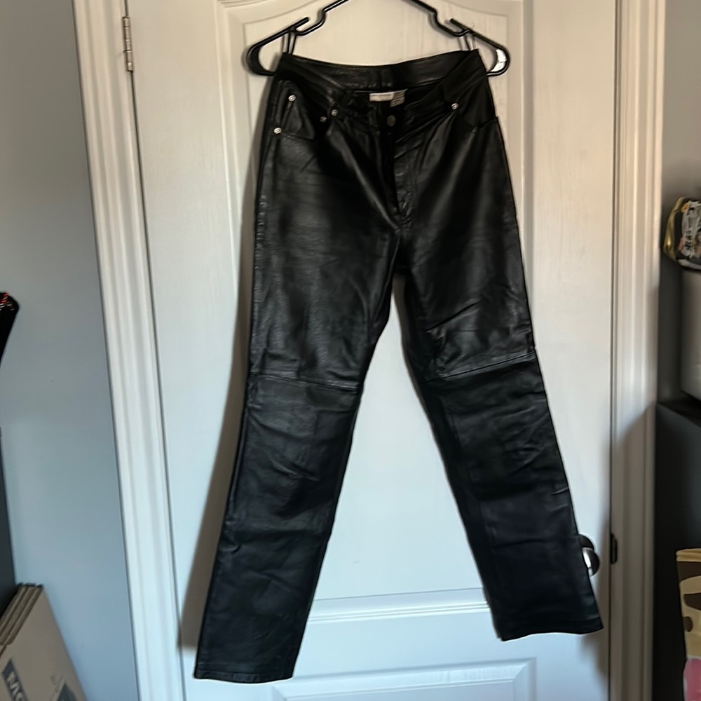 Newport News Jeanology Genuine Black Leather Pants (lined + pockets) Size 8P